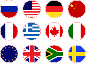 Circle versions of the flags of (Starting from top left) Russia, The United States, Germany, China, France, Greece, Canada, Italy, European Union, United Kingdom, South Africa, and Sweden)